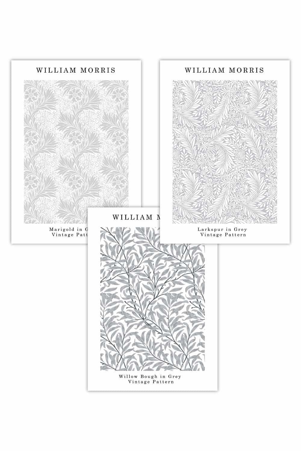 Set of 3 Light Grey William Morris Vintage Floral Art Posters